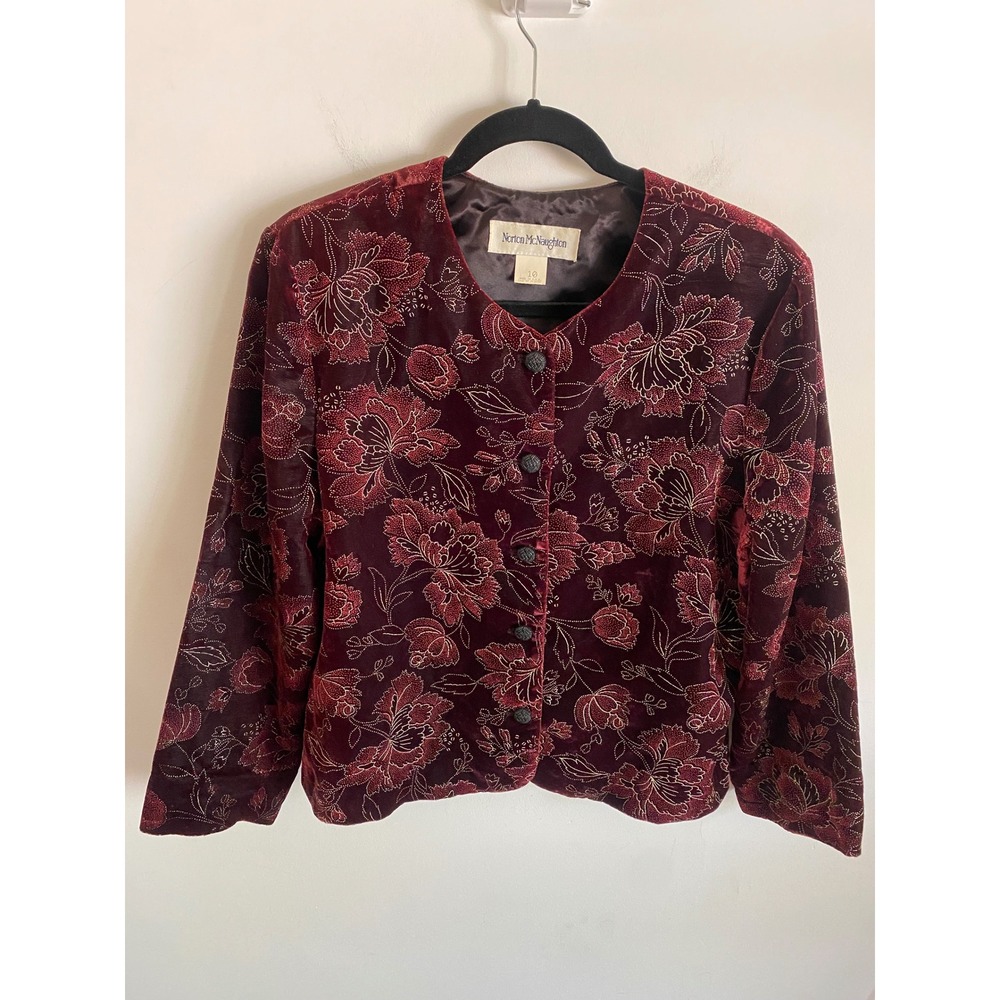 Norton McNaughton Vintage Velvet Floral Burnout Jacket Burgundy Gold Size 10 USA